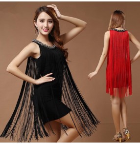 Black red royal blue fringes tassels women's ladies girls performance sexy latin ballroom salsa cha cha dance dresses skirts